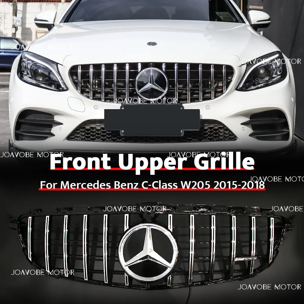 شبكة أمامية فضية على طراز GTR مع شعار مرآة LED فضي لسيارة Mercedes Benz C-Class W205 S205 C205 A205 2015-2018 W/360