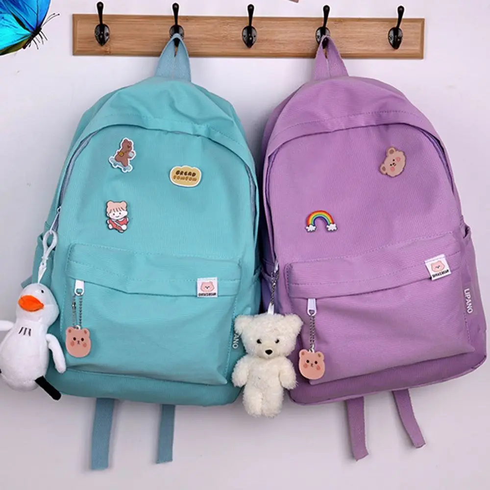 Mochila de ombro duplo impermeável, Multi bolso lazer saco escolar com pingente dos desenhos animados, estético moda casual sacos para estudantes