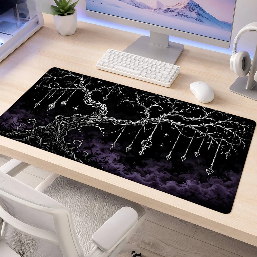 Black and purple night sky with crystal branch pattern mouse pad, anti-slip, suitable for office desk decoration accessories