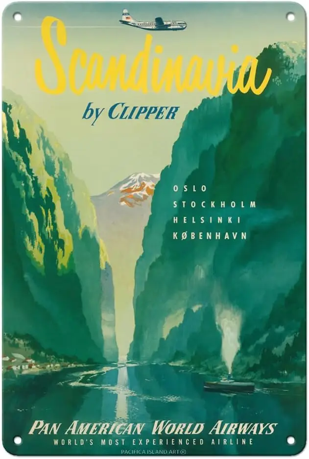 Scandinavia by Clipper - Copenhagen - Norwegian Fjords - Pan American World Airways - Vintage Airline Travel Poster c.1951-8 x 1