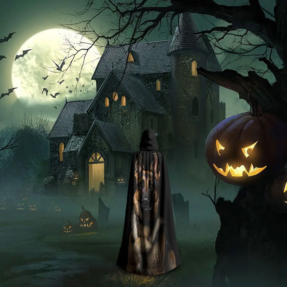 Adorável pastor alemão retrato longo com capuz capa bruxa traje medieval cosplay capa halloweenparty adulto unisex