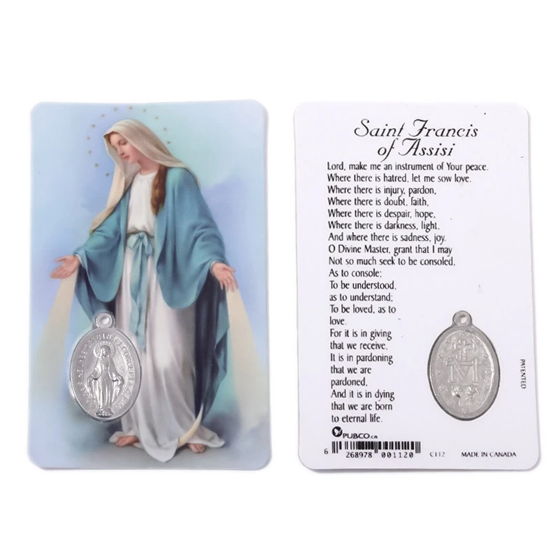 Our Lady of Grace Miraculous Medal Saint Francis of Assisi Peace Prayer Card English Catholic Holy Card Blessed Mother Mary Char