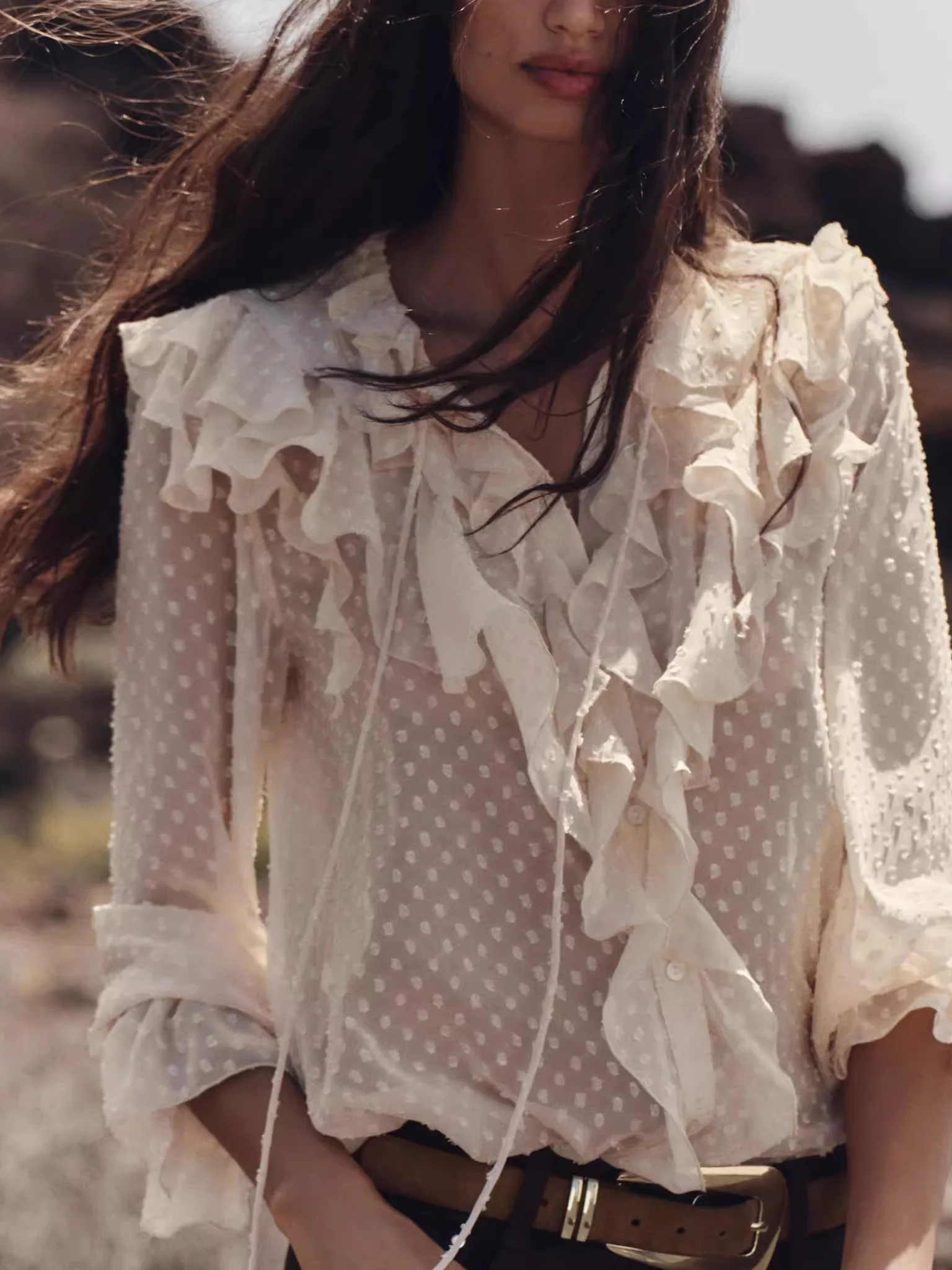 Sweet Layered Decoration Thin Veil Long Sve irt Women's Top New Arrival Spring Summer 2025 Loose Fit Polyester Fiber