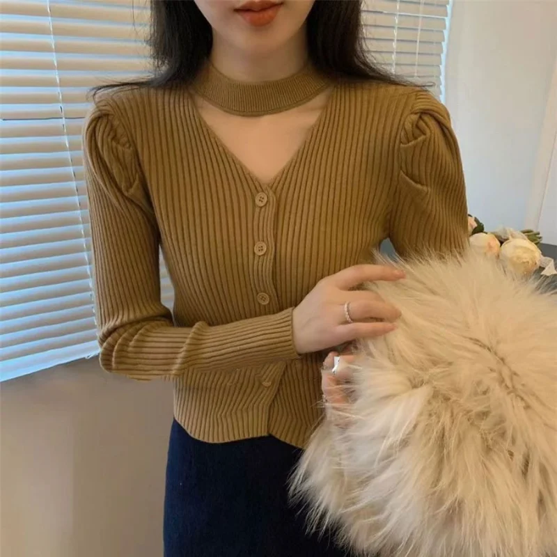Women Hollow Halter Neck Ribbed Knit Cardigan Single Breasted Slim Long Sleeve Sweet Sweater
