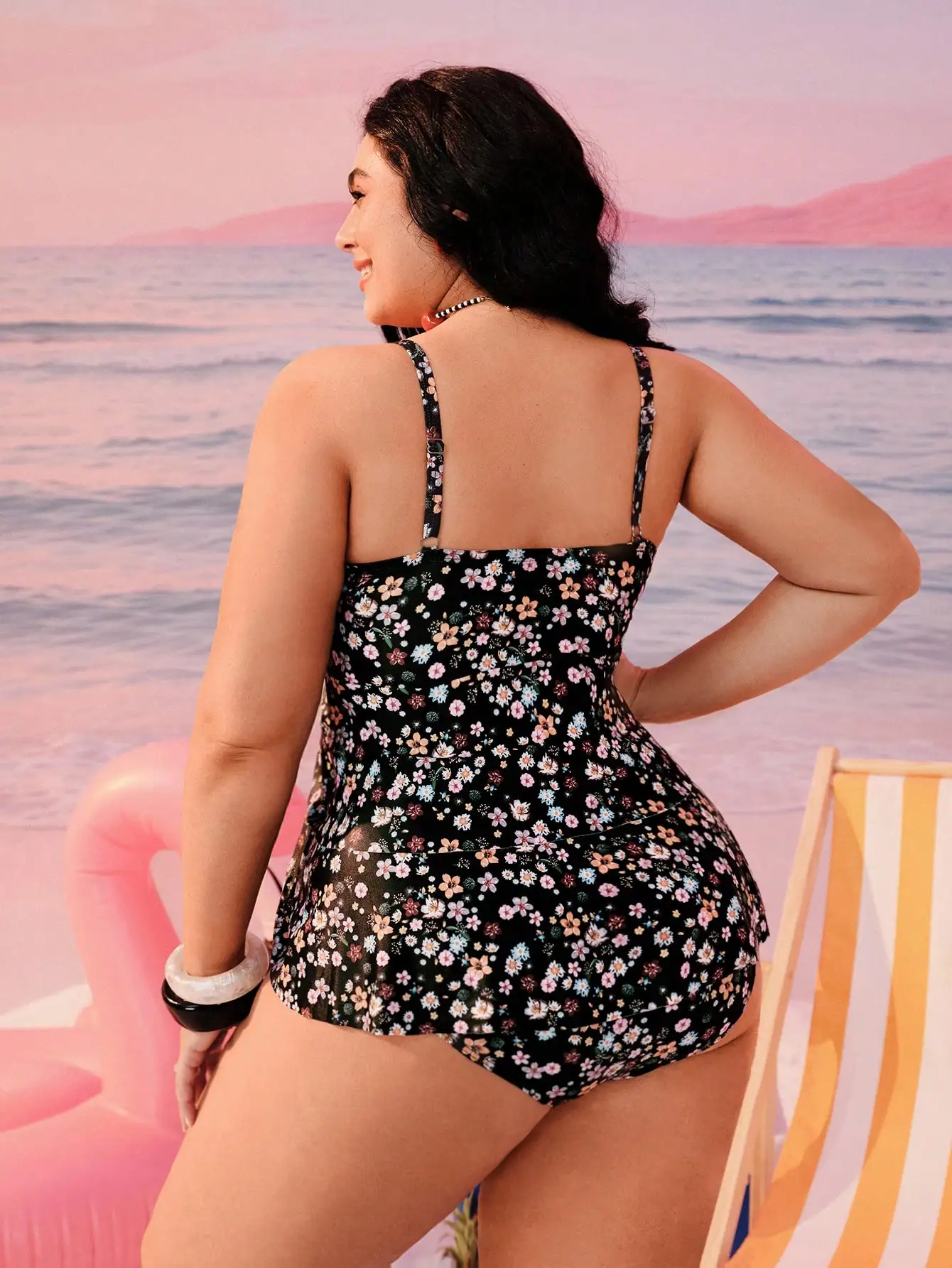 

Купальник с цветочным принтом и двойными рюшами для женщин больших размеров, комплект для пляжного отдыха и вечеринки у бассейна