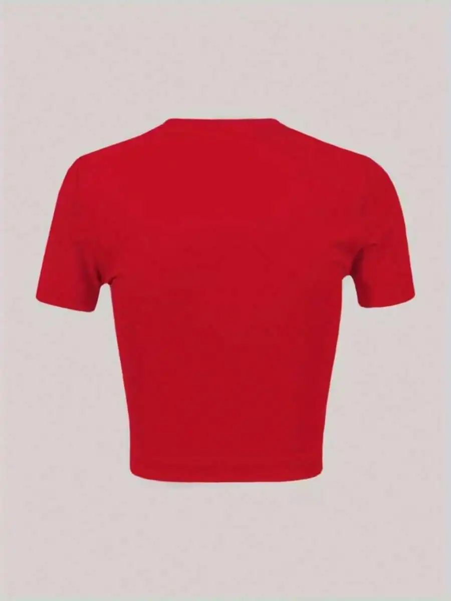 

Red Crop Top Women Short Sleeve Round Neck Casual Breathable Summer Top