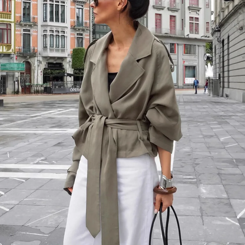 High-End French Style Large Lapel Tie Windbreaker 2026 Cross-Border European And American Commuter Women's Autumn Fashion