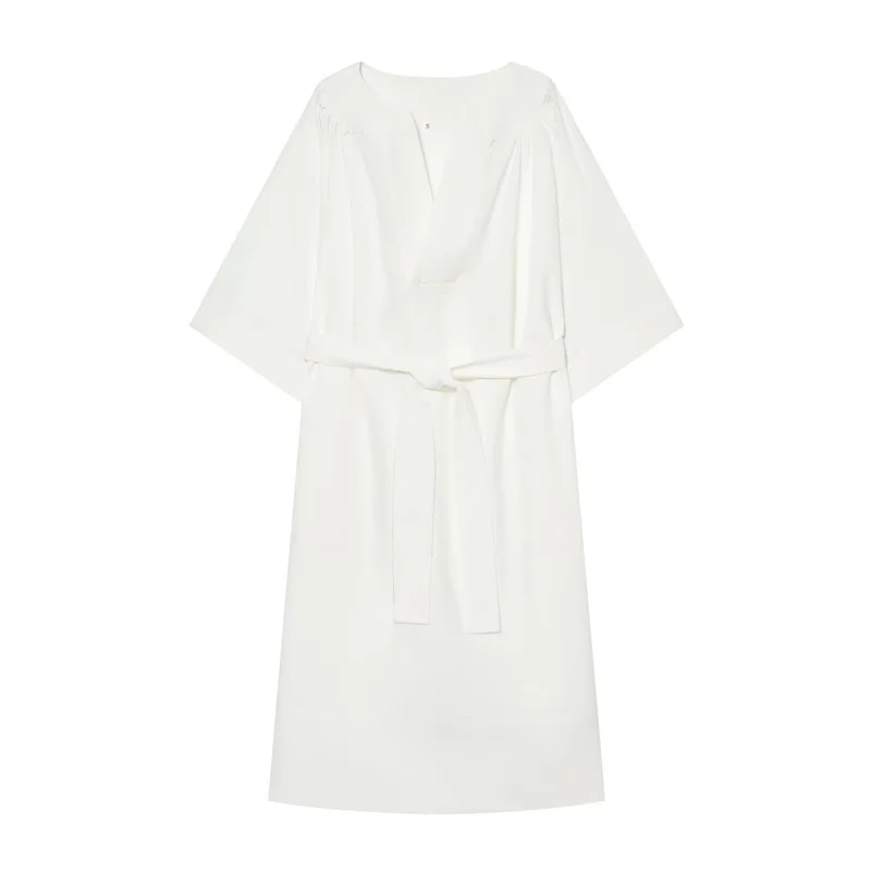 2026 Summer New Women's V-Neck Three-Quarter Sleeve A-Line Dress with Belted Long Shirt Dress, Simple and Fashionable