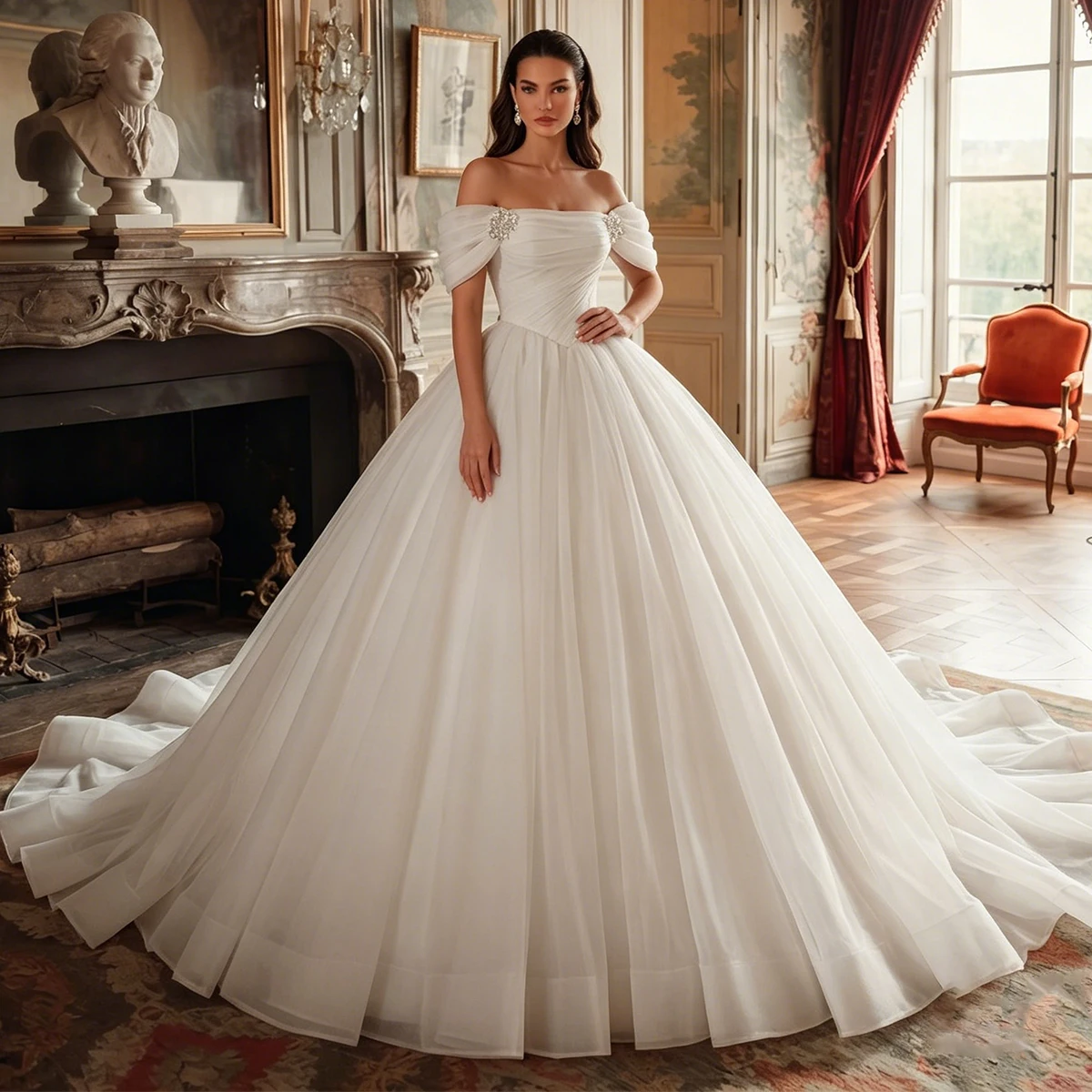 Classic Beaded Puffy Ball Gown Wedding Dress For Bride Long Tulle Ball Gown Off Shoulder Bridal Gown For Women Vestidos Novia
