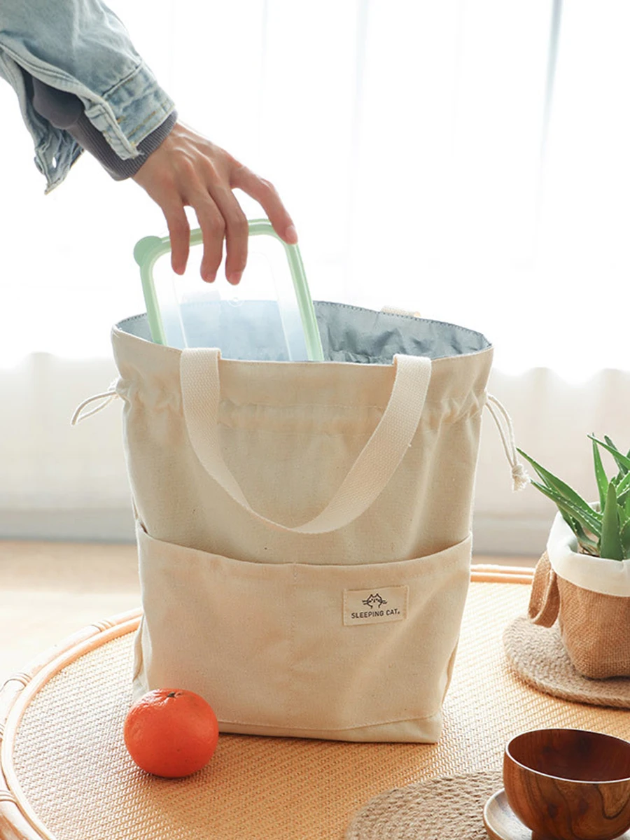 Isolierte Lunchtasche aus Segeltuch mit Kordelzug, verdickte Aluminiumfolie, Thermo-Bento-Box, Tragetasche, Kühler, Handtaschen für Büro, Picknick im Freien – Detail 3