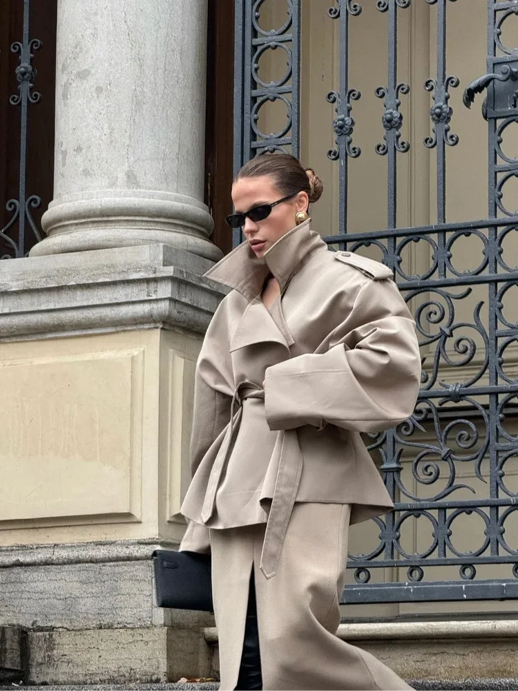 Solid Lapel Lace Up Trench Coat Women Fashion Full Sleeve Waist