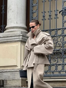 Solid Lapel Lace Up Trench Coat Women Fashion Full Sleeve Waist Cinching Short Windbreak 2026 Spring Office Lady Commute Outwear 5