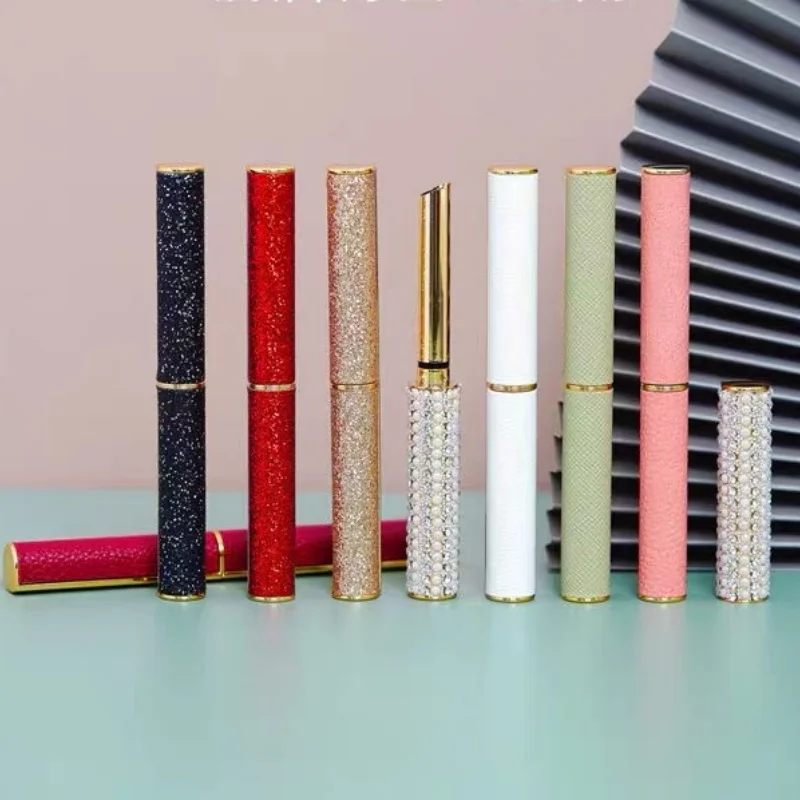 

50Pcs Luxury Slim Long D6.5MM Metallic Gold Empty Lipstick Tube White Pink Diamond Leather Lip Balm Packaging Lipstick Container