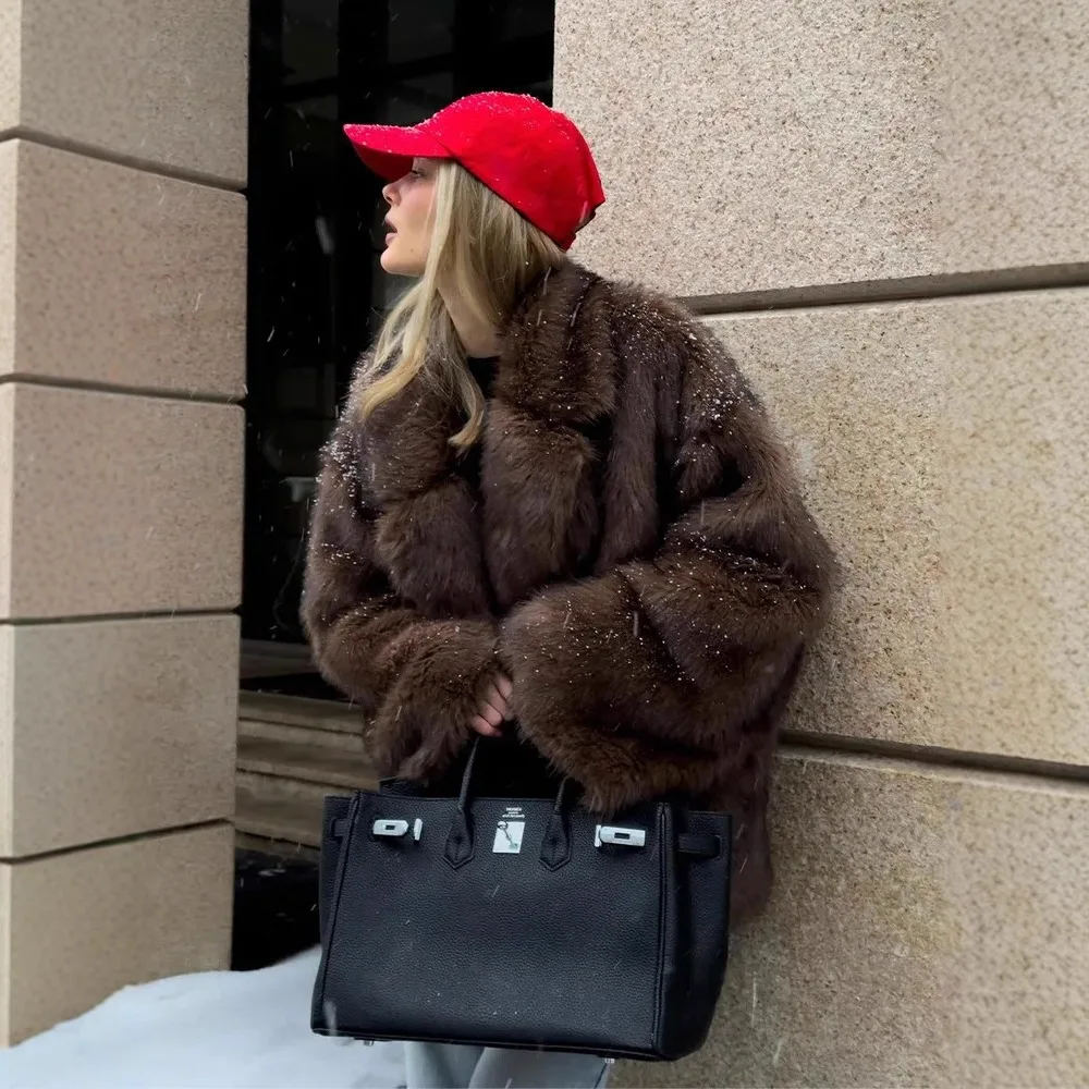 Lapel White Short Faux Fur Jacket Solid Women Fox Furry Jackets Fluffy Thick Warm Plush Coat Outercoats Loose Elegant Offce Lady