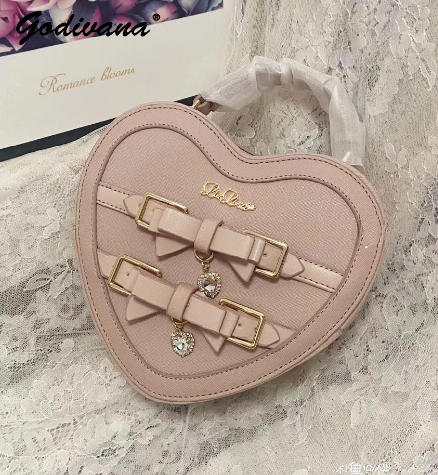 Japanese Style Liz Mine Lolita Love Rhinestone Bow Crossbody Handbag Women Girls Sweet Cute Heart Shape Pink Shoulder Bags