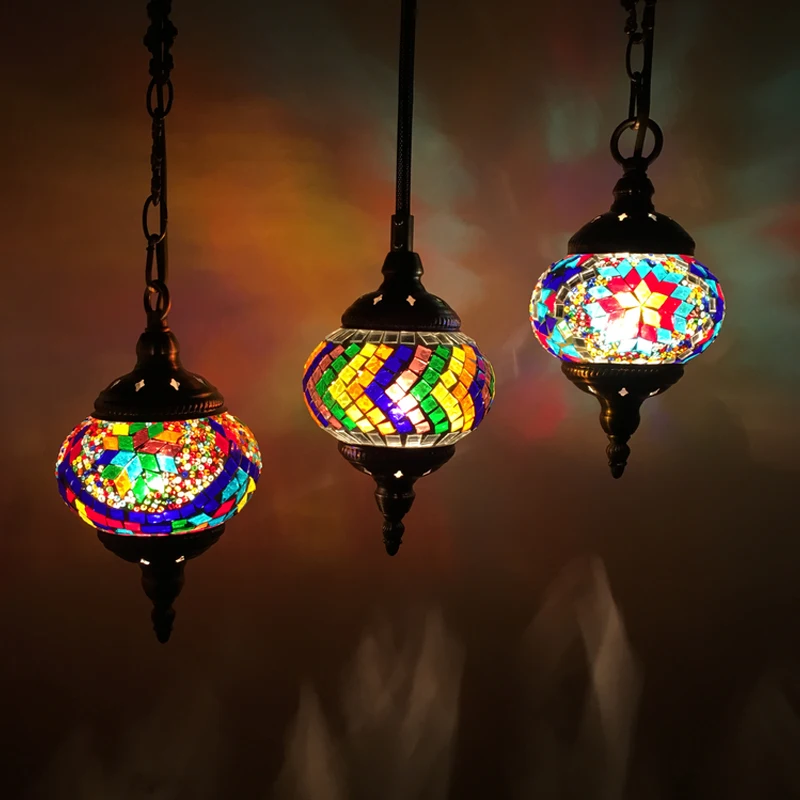 DIY Turkish Mosaic Pendant Lights Vintage Mediterranean Handcrafted Led Stained Glass Hanging Lamps for Bedroom Home Art Decor