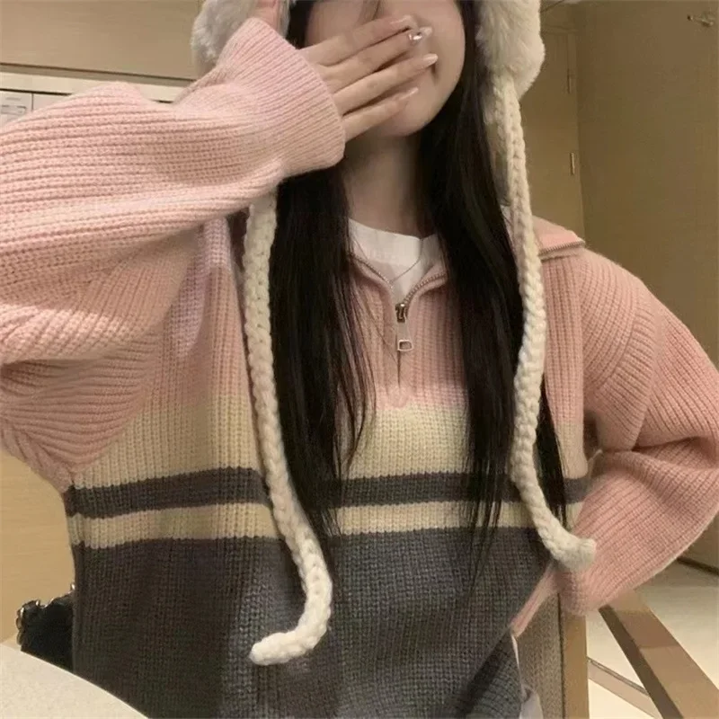 

Полосатый свитер контрастного цвета, женский вязаный пуловер с полумолнией, осень-зима 2023, милый повседневный свитер Sueter Mujer