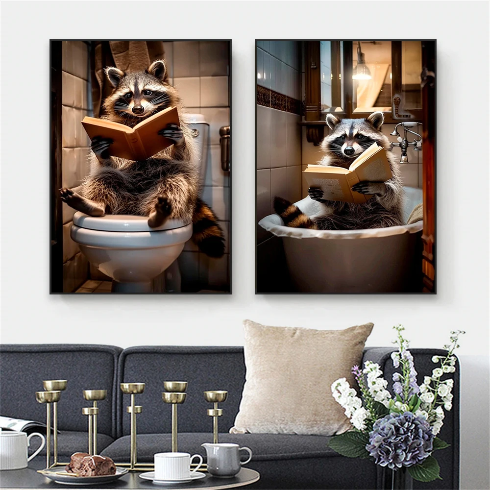 Funny Animals In Bathtubs Art Poster Racoon In Bathtubs Print Funny Raccoon Reading Canvas Painting Home Bathroom Toilet Decor