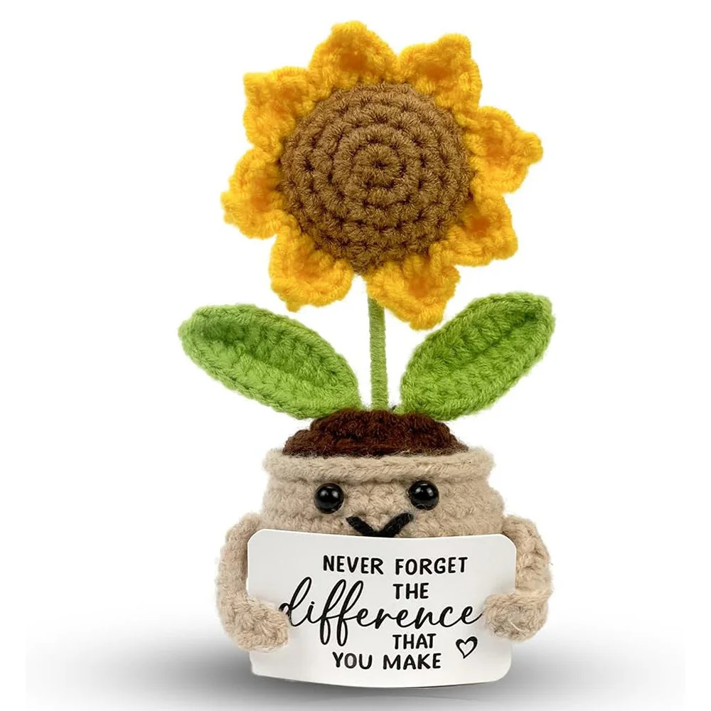 Funny Emotional Support Positive Crochet Sunflower Pot Doll Christmas Home Decor Handmade Knitted Sunflower Desktop Ornament
