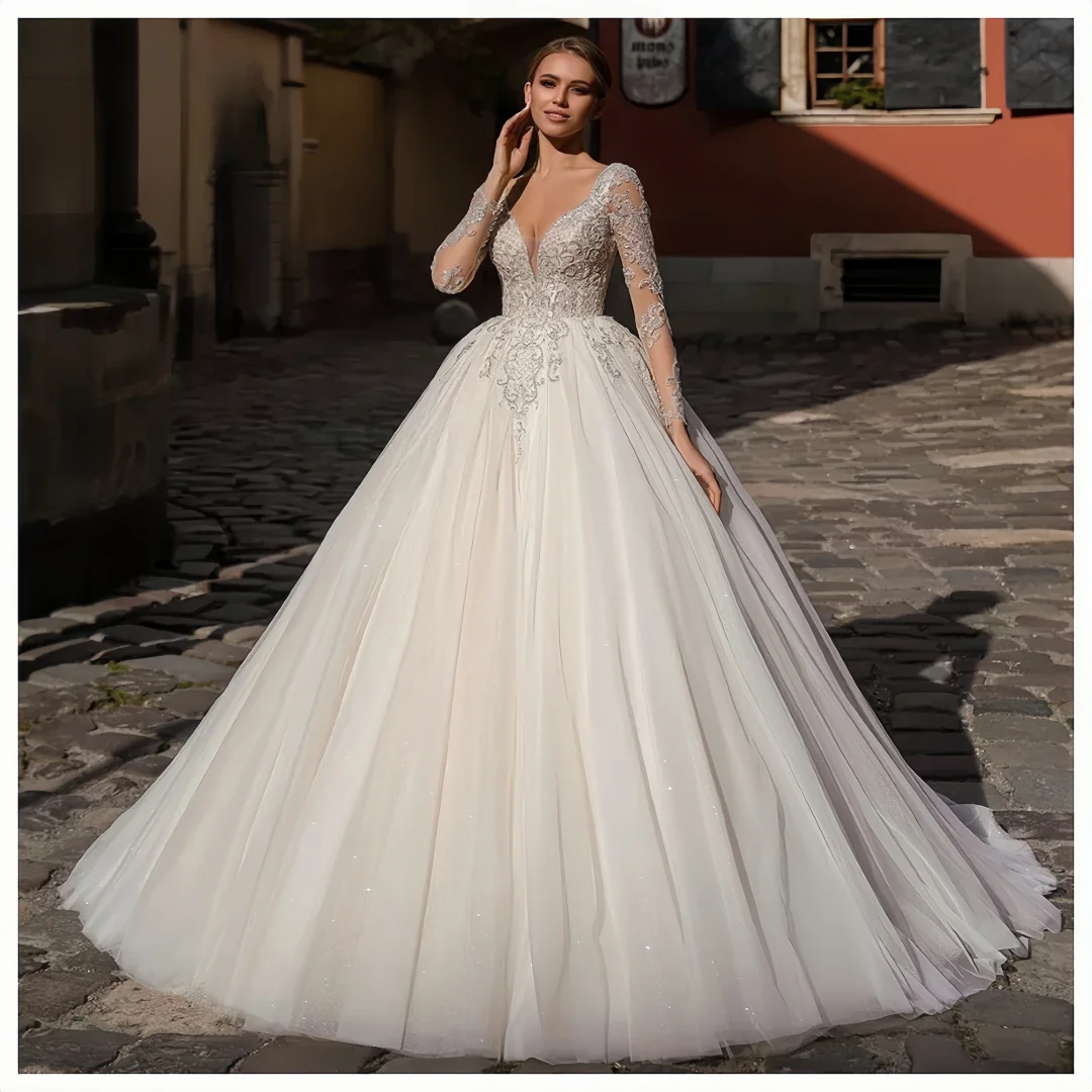 

Изысканное кружевное свадебное платье с длинными рукавами по индивидуальному заказу, свадебное платье с глубоким v-образным вырезом и аппликацией, платье принцессы невесты, Vestidos De Novia