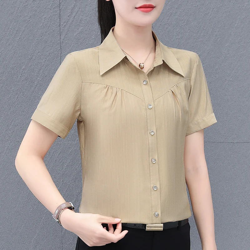 Lady Fashion versatile short sleeved shirt for women\'s new summer commuting comfortable and breathable lapel loose casual top