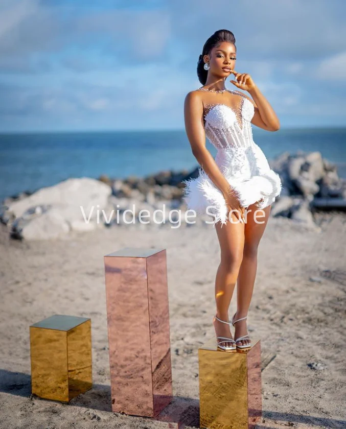 Customized aso ebi white sexy v-neck wedding dresses feather beaded bridal gowns vestidos de novia de talla grande