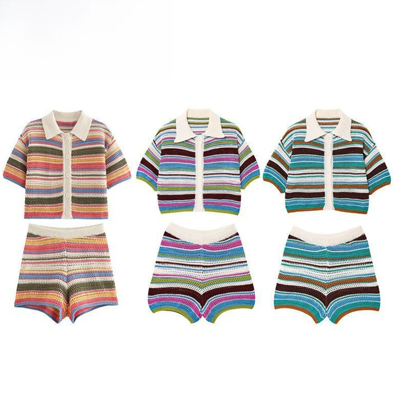 Fashionable ZR Spring New Women's Knitted Short Pants Set Striped Design Short Sleeve Flip Collar A-Grade Safety European Style