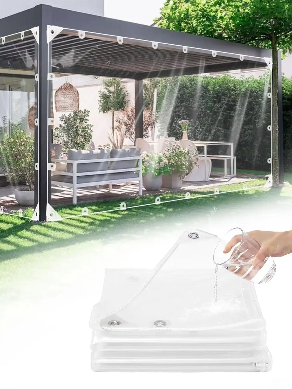 Wzmocniona plandeka PVC z przelotkami 420gsm, wytrzymała, przezroczysta plandeka z nierdzewnymi oczkami, wodoodporna, wiatroodporna, mrozoodporna osłona na patio, altanę, ścianę boczną, ogrodzenie — 2