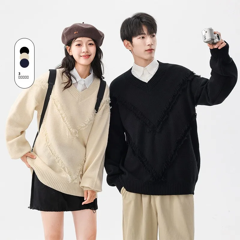 

Couples Loose V-Ne Tassel Knitwear Long Sve Women's Top Casual Sle Autumn Winter Pure Color Men's Loose Fit Sweater