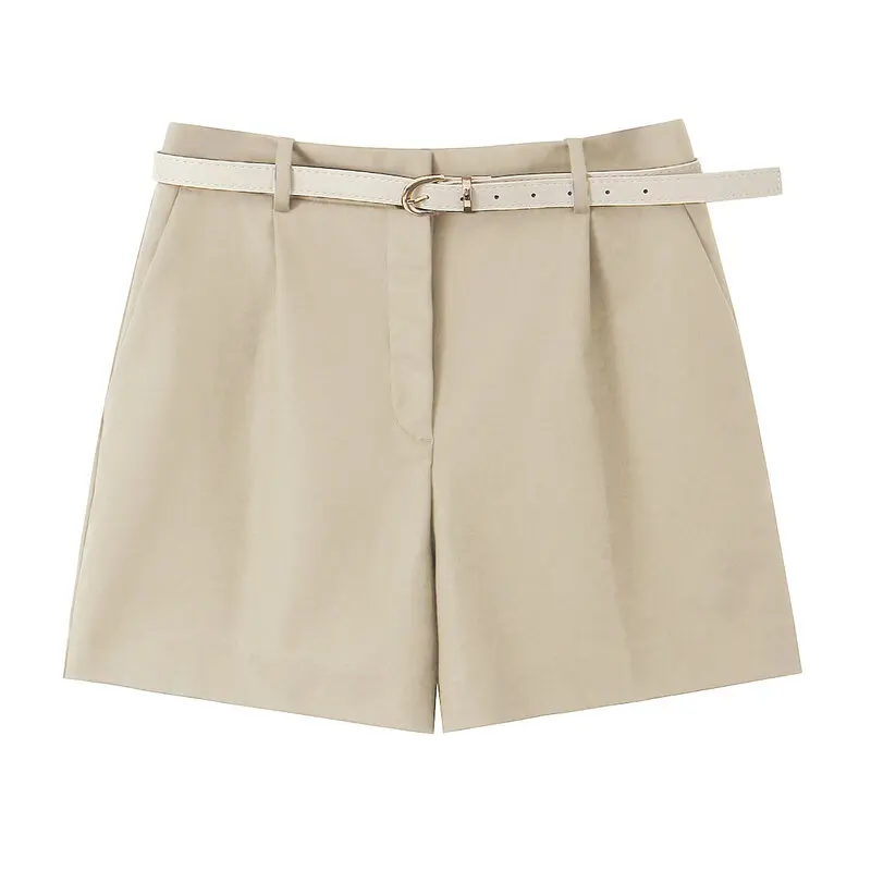 Spring 2024 Women's Fashion Versatile High Waist Pleated Belted Wide Leg Bermuda Shorts Commute Style Regular Thickness