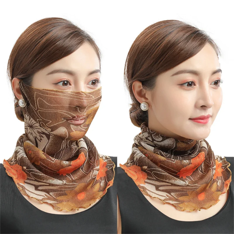 Fashion Face Cover Masks Women Silk Bib Neck Cover Sun Protection Hanging Ear Veil Summer Scarf Mesh Headband