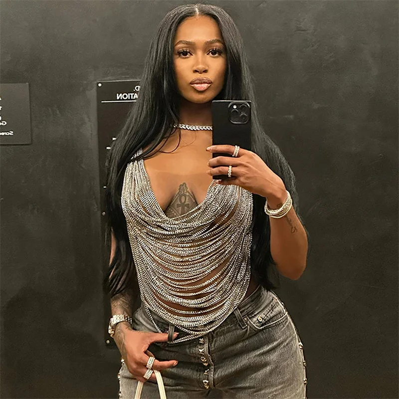 Women Metal Chain Tassel Tank Top Sexy Deep V Neck Backless Hollow Out See Through Crop Top Body Chain Party Club Camisole