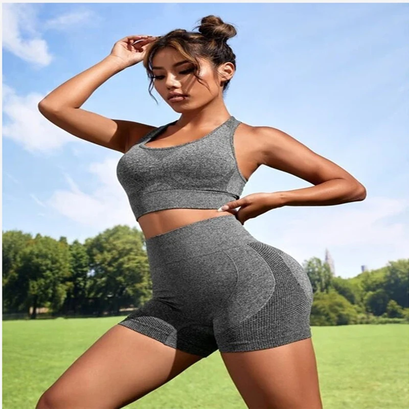 2Pcs Yoga Set Women Hollow Beauty Back Sports Bra+Hip Lifting Sports Shorts Workout Set Seamless Fitness Gym Set Sportswear