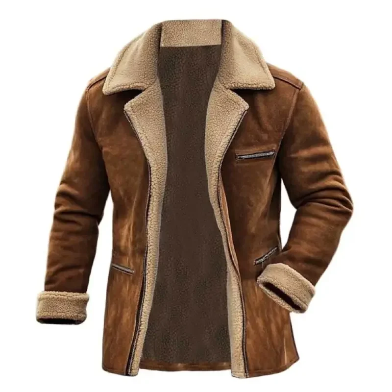2025 Men's Vintage Suede Shearling Coat, Fleece Lined Mid-Length Jacket with Zipper Pockets, Reverse Collar, and Warm Wool Fur
