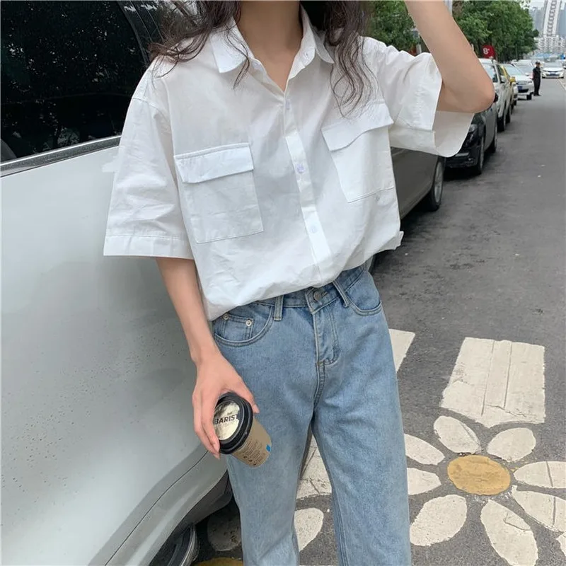 Unisex Shirts Women Japan Style Harajuku Simple Short Sleeve Summer Womens Chic Tops Retro All-match Pockets Trendy Girls New