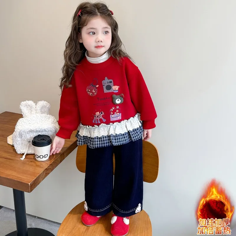 ZOETOPKID Children Girls 2 Piece Set Cartoon Lace Plaid Kids Girl Fleece Sweatshirt Velvet and Straight Pant Preppy Style Suit