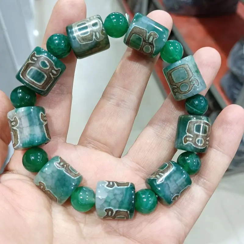 

Nature Tibetan Dzi Bead Bangle Bracelets Green Chalcedony Magical Amulet Churinga Bless Talisman