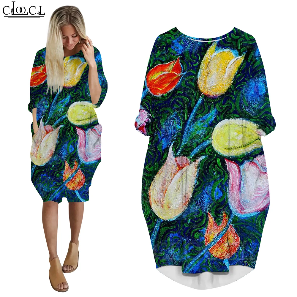 CLOOCL Abiti da donna Van Gogh Patchwork Pittura artistica Stampa Maniche lunghe Abiti tascabili Estetica casual Abbigliamento femminile