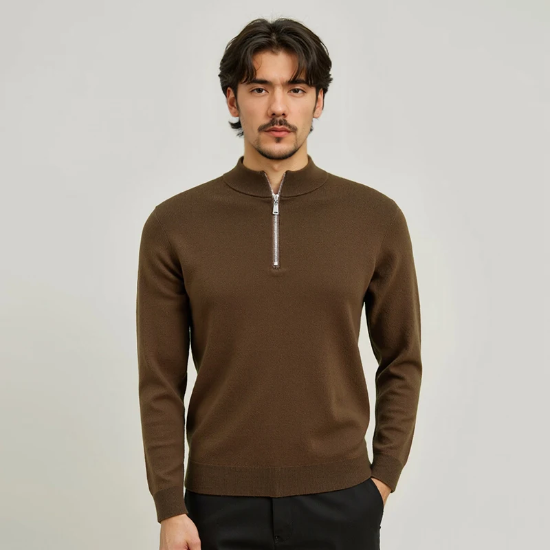 

High Quality Cashmere Blend Tops Autumn Winter Casual Mock Neck Jumper Long Sleeve Zipper Sweater Pullover Male Knit Clothes