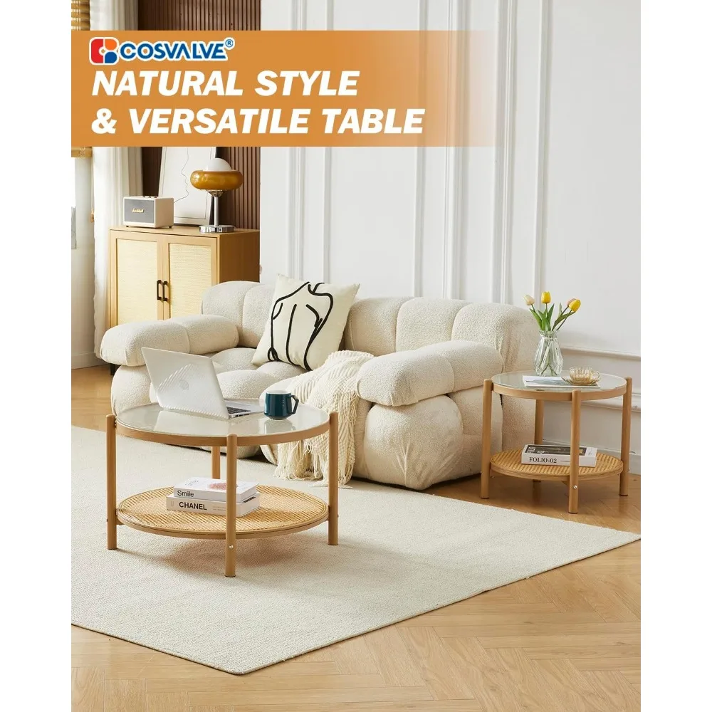 27.5 Boho Rattan Coffee Table, Round Glass Metal Center Table, Modern Simple 2 Tier Middle Table for Small Space Living