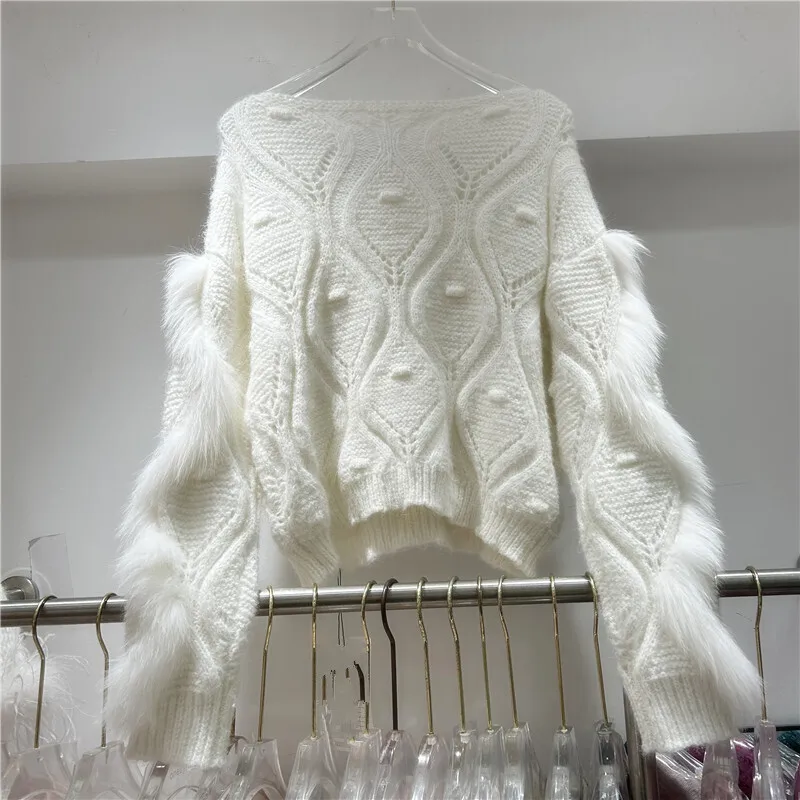 DEAT Women\'s Sweaters Knitting Solid Color Loose O-neck Plush Spliced Fur Soft Stretch Pullover 2024 New Fashion Autumn 29L8784