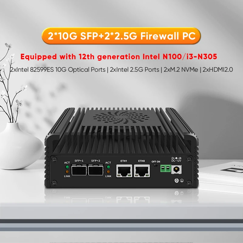 NAS 서버 팬리스 미니 PC, 12 세대, 2x10G SFP + 2xi226-V 2.5G 인텔 i3 N305 N100 소프트 라우터, 2x NVMe 2xHD DDR5 미니 PC Proxmox