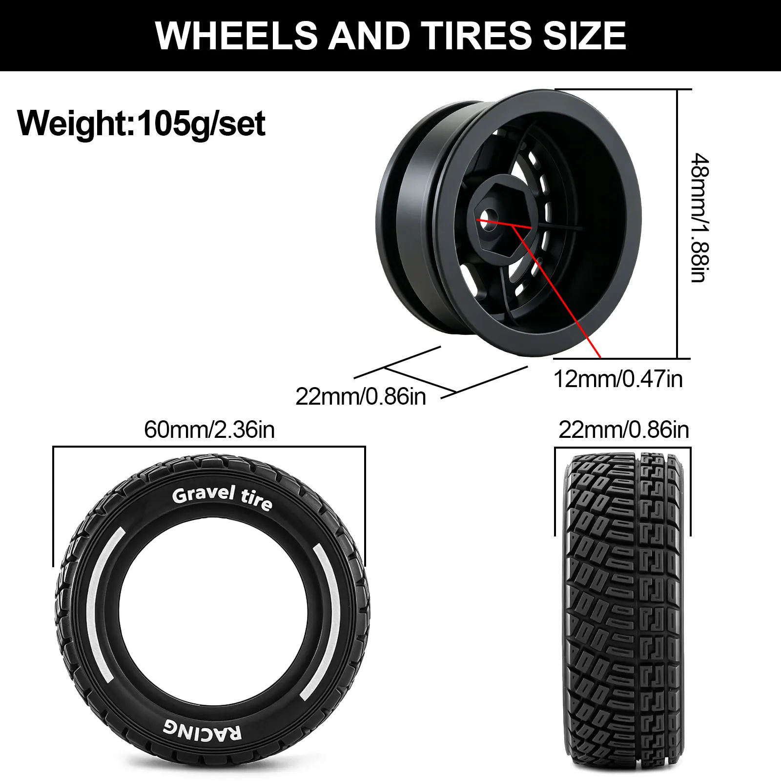 4pcs 60*22mm Rubber Tires & Plastic Wheel Rims for 1/14 MJX 14302 14303 14304 RC Rally Car Upgrade Wheel Tire