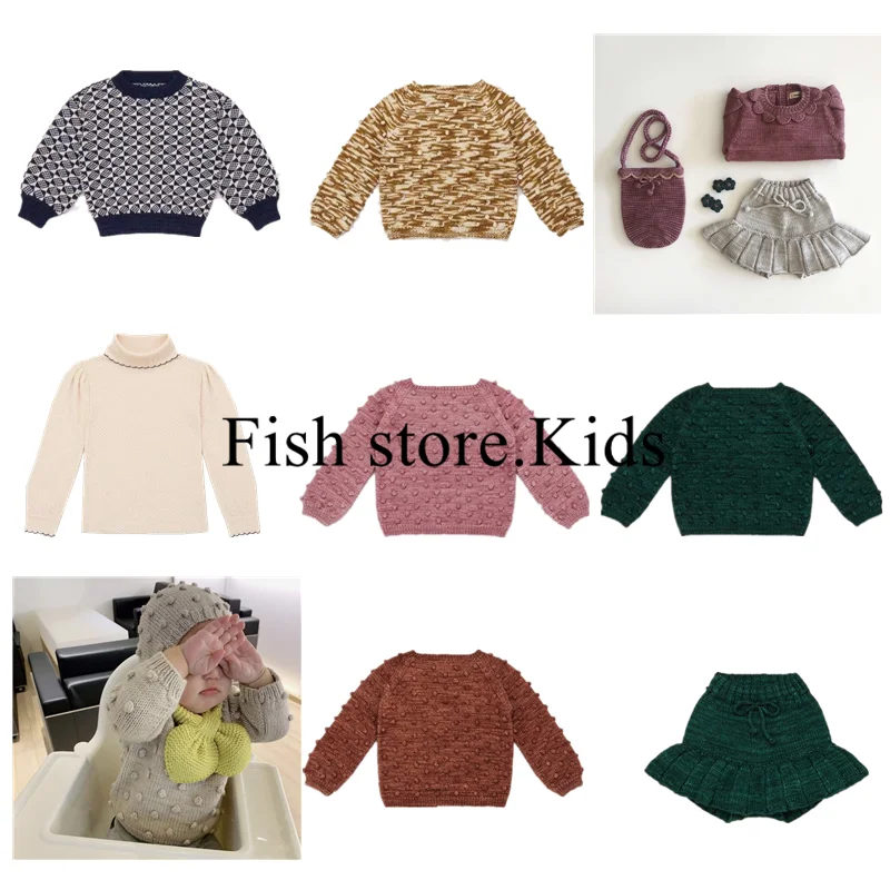 In stock Autumn/Winter 2024 new mp series children's wool popcorn hand-knitted sweater girls baby pleated skirt pants