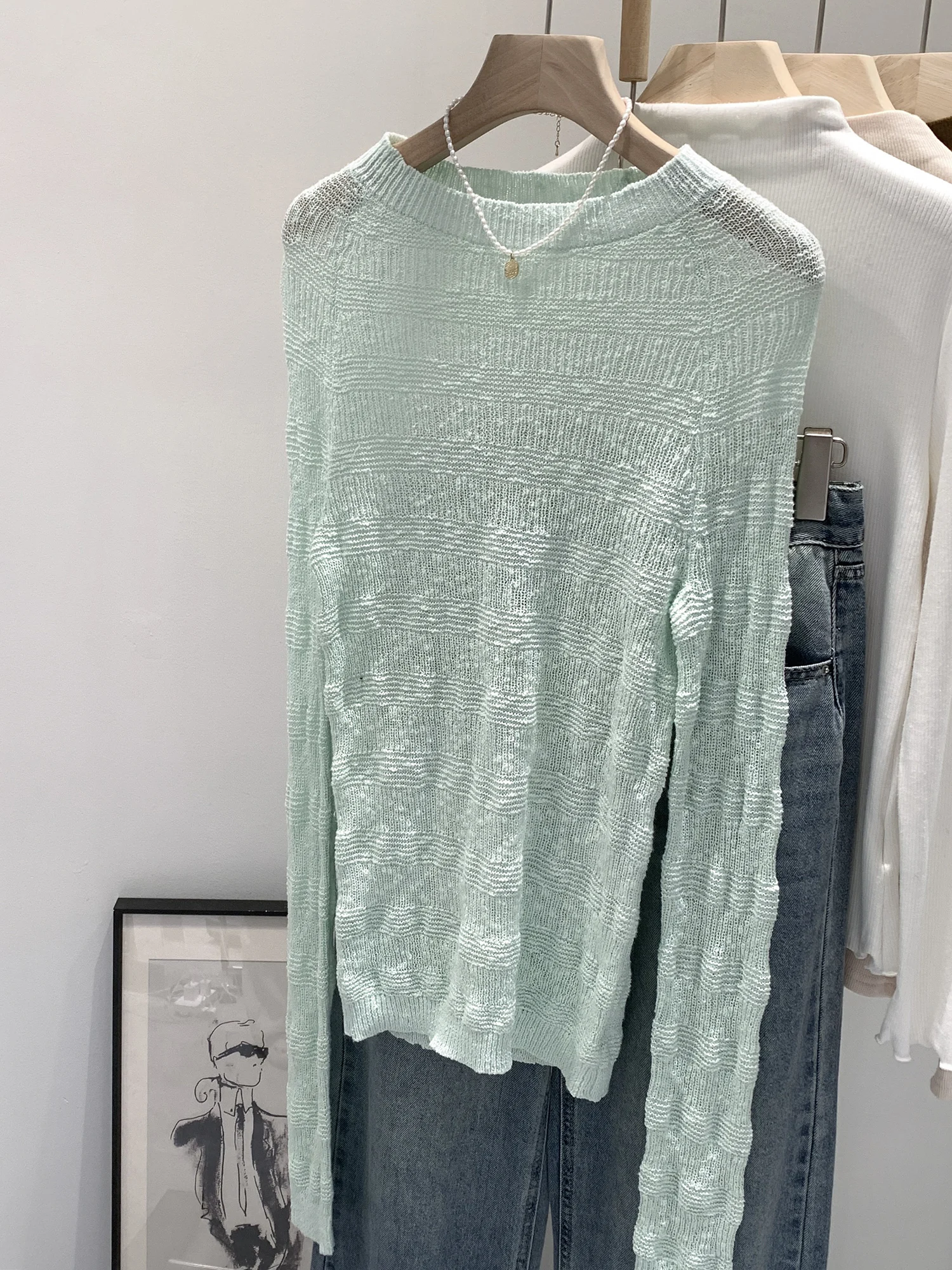 mint-green-hollow-out-beautiful-sweater-women's-inner-wear-knitted-top-initial-winter-marvelous-new-style-small-shirt