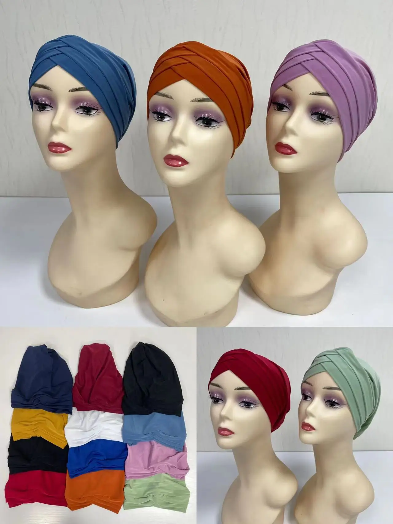 Muslim Women's Hijab Inner Wear Elastic African Headscarf Cap Underscarf Bonnet Ladies Head Wraps Soild Color Turban Hat 12pcs