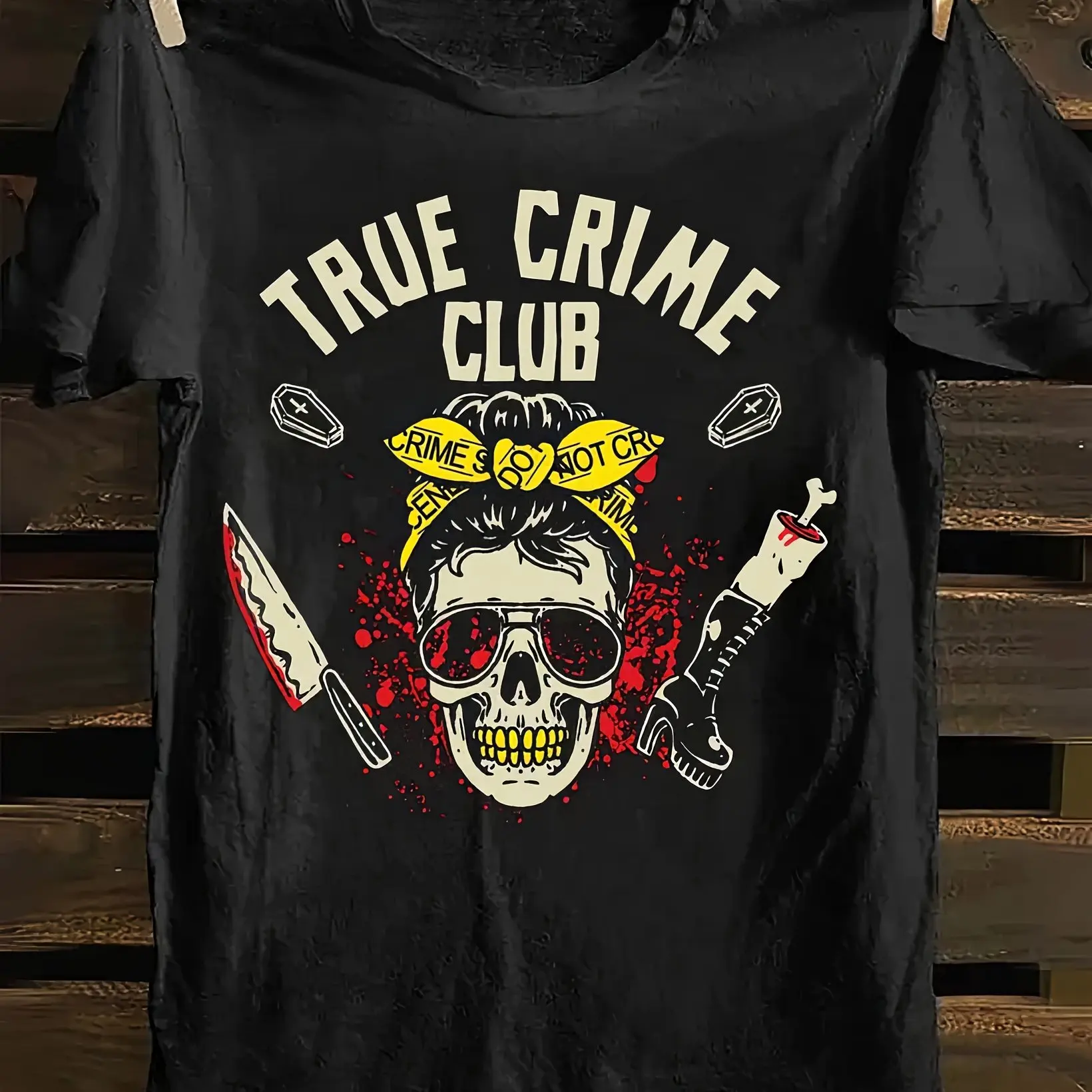 

Women's Crime Themed Printed T-shirt with Skull and Knife Design 180g Short Sleeved Round Neck Casual Top for Spring and Summer