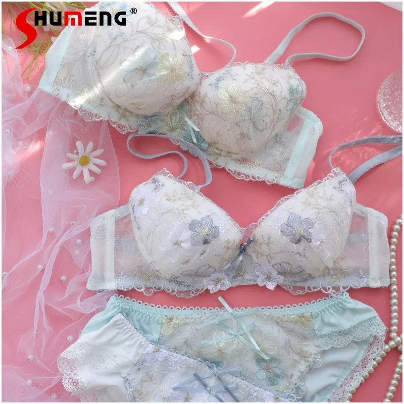 Dziewczęcy, słodki zestaw bielizny push-up w stylu japońskim, z fiszbinami, siateczką, haftem, seksowny komplet biustonosza, damskie majtki w kwiatowy wzór.