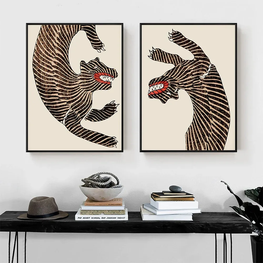 Póster de tigre de estilo japonés, pintura en lienzo de animales, Impresión de arte asiático Vintage, imagen de pared minimalista para sala de estar, dormitorio, decoración del hogar