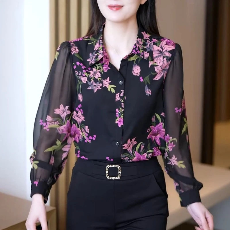 2024 New Spring and Autumn Fashion Elegant Versatile Polo Collar Printed Flower Chiffon Button Long Sleeved Women\'s Shirt Top